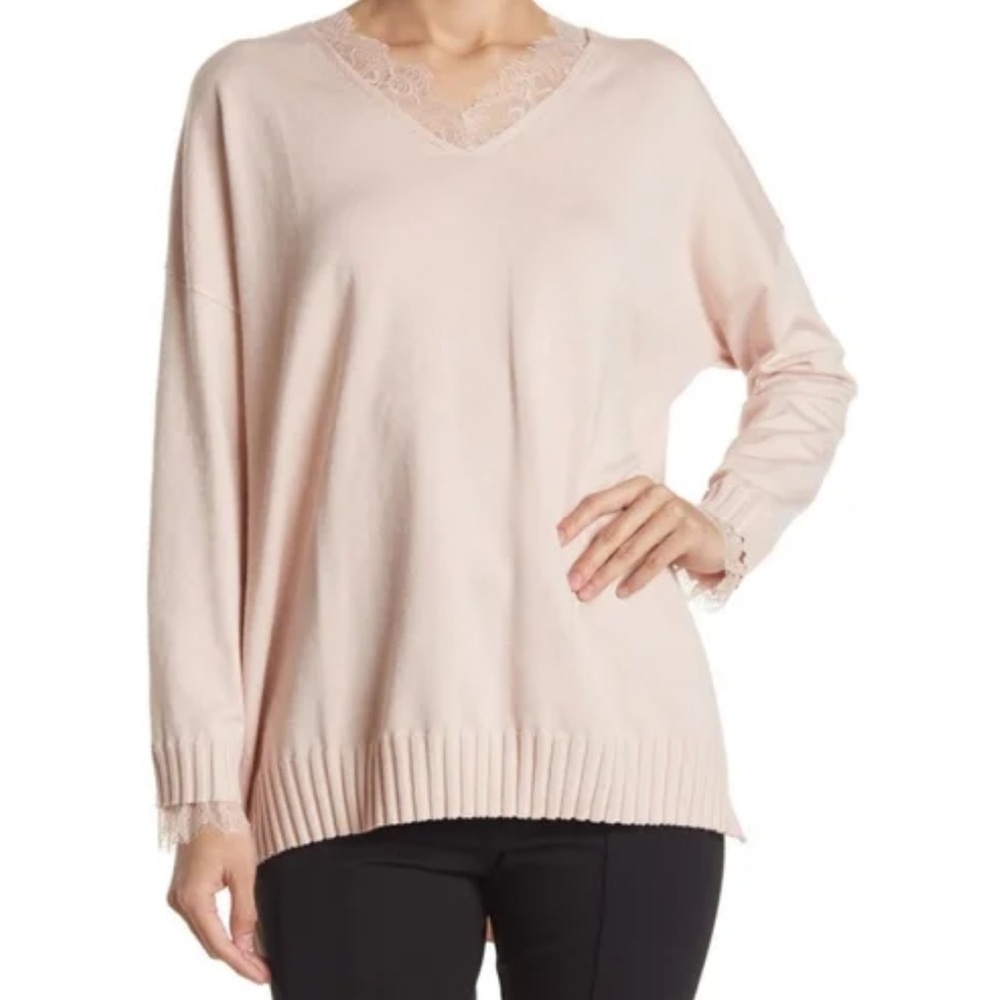 Adrianna Papell Blush lace trim V neck soft relaxed dropped shoulder sweater XL